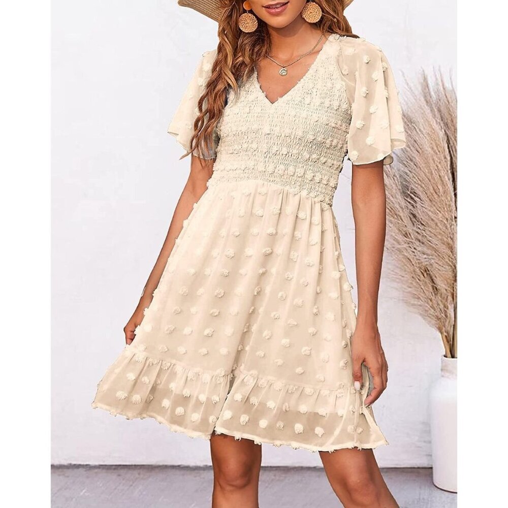 NWT BTBFM Ivory Smocked Short Sleeve Bohemian Summer Dress - Picture 3 of 10